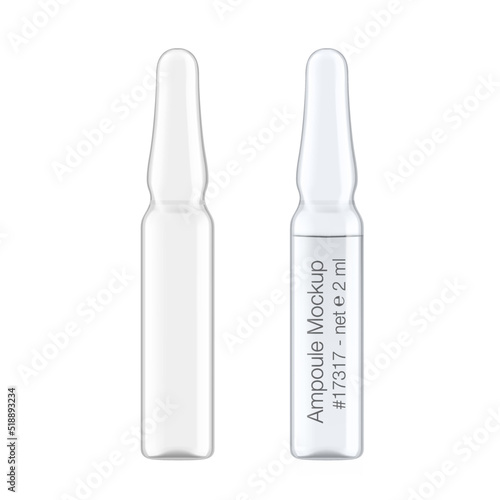 Set of transparent glass ampule for injections mockup. Vector illustration isolated on white background. Can be use for medicine, cosmetic and other. Ready for your design. EPS10.	