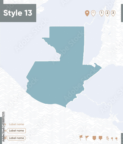 Guatemala - map with water, national borders and neighboring countries. Shape map.