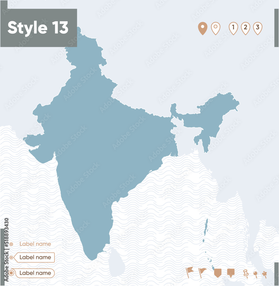 India - map with water, national borders and neighboring countries. Shape map.