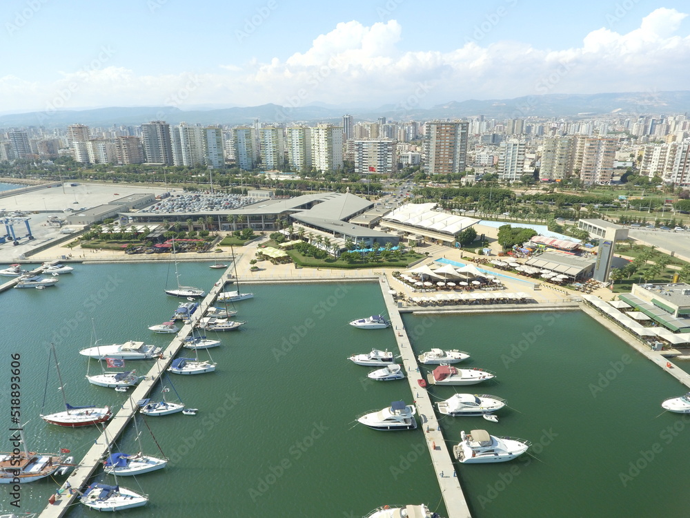 Aerial view of a dock full of luxury boats at Mersin, Turkey