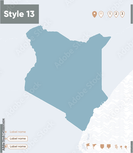 Kenya - map with water, national borders and neighboring countries. Shape map.