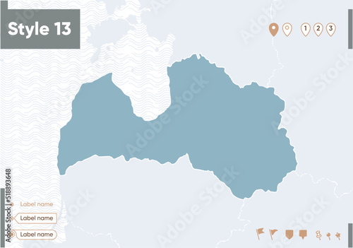 Latvia - map with water  national borders and neighboring countries. Shape map.