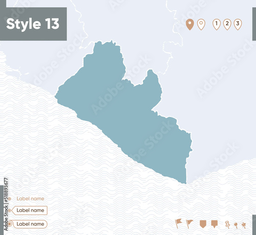 Liberia - map with water, national borders and neighboring countries. Shape map.