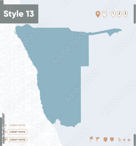 Namibia - map with water, national borders and neighboring countries. Shape map.