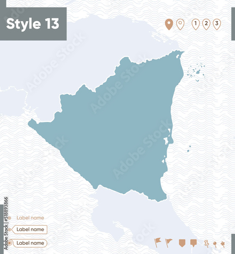 Nicaragua - map with water, national borders and neighboring countries. Shape map.