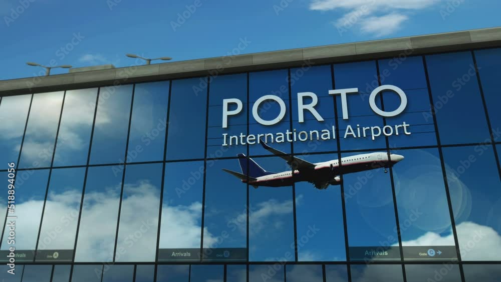 Plane landing at Porto, Portugal. Arrival in the city with the glass airport terminal and reflection of the jet aircraft. Travel, business, tourism and transport 3D concept. Plane landing at Porto, Portugal. Arrival in the city with the glass airport terminal and reflection of the jet aircraft. Travel, business, tourism and transport 3D concept.