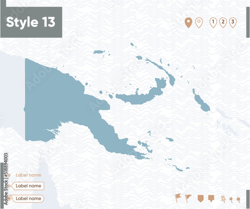 Papua New Guinea - map with water, national borders and neighboring countries. Shape map.