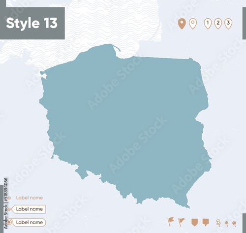 Poland - map with water, national borders and neighboring countries. Shape map.