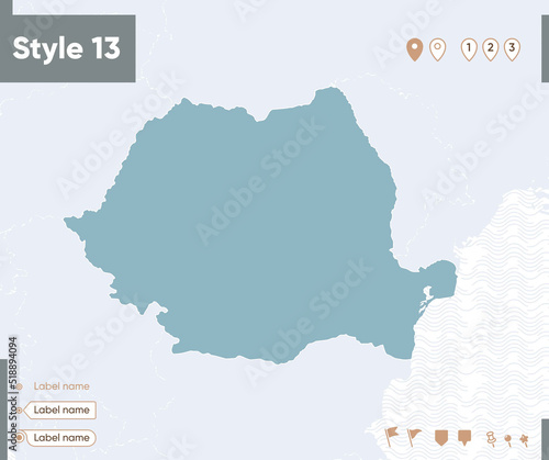 Romania - map with water, national borders and neighboring countries. Shape map.