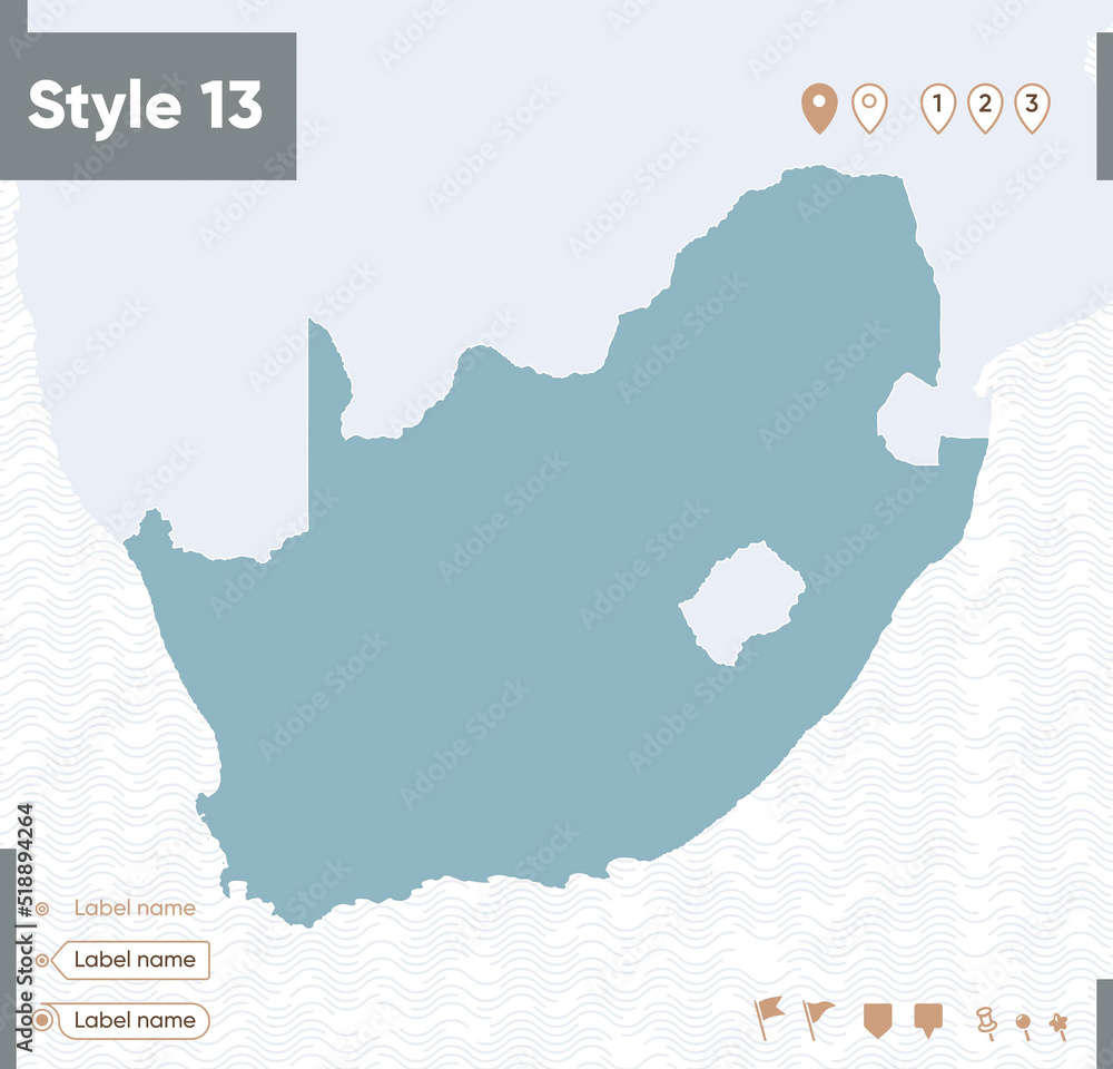 South Africa - map with water, national borders and neighboring countries. Shape map.