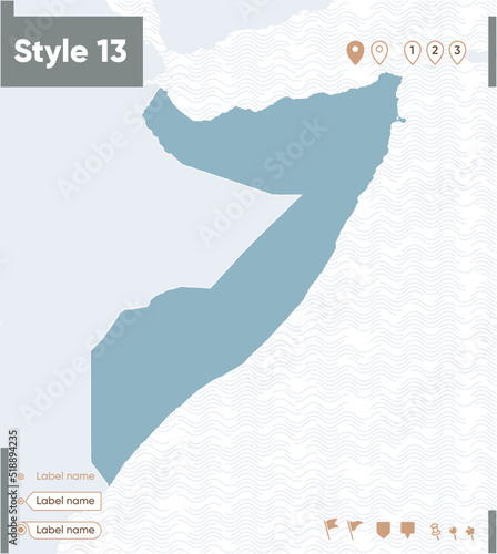 Somalia - map with water, national borders and neighboring countries. Shape map.