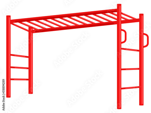 Horizontal Ladder, furniture to decorate the park, yard, patio, garden, kids playground, and kindergarten. Horizontal bar with climbing wall, rope, ladder, and gymnastic rings for outdoor exercise.