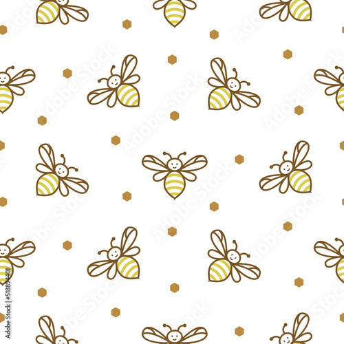 Cute bees white background. Seamless pattern with honey bees for fabric, wrap paper or kids apparel