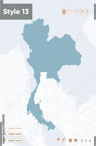 Thailand - map with water, national borders and neighboring countries. Shape map.