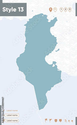 Tunisia - map with water, national borders and neighboring countries. Shape map.