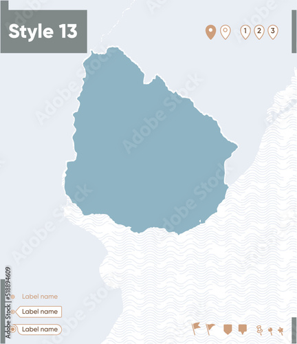 Uruguay - map with water, national borders and neighboring countries. Shape map.