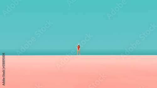 Sunny Beach Pastel Pink Sand Turquoise Blue Ocean and Sky with Woman in Pink Swimsuit in the Distance Serene Tranquillity 3d illustration render