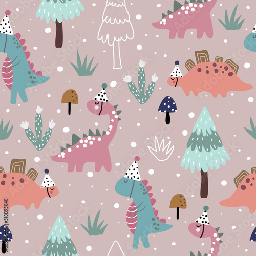 Seamless pattern with dinosaurs, Christmas trees, cactus, mushrooms, grass and snow on pink background. Christmas pattern.