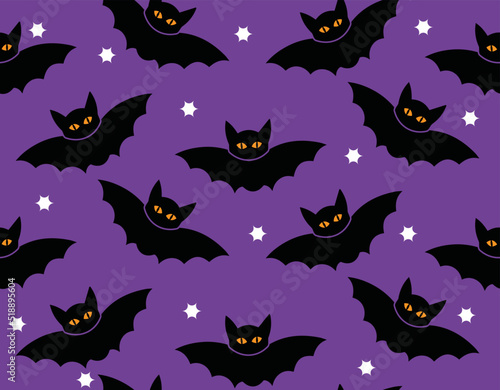 Cute bat with cat eyes Halloween seamless vector pattern background textiles