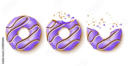 Biting donut. Eating process sweet pastries, realistic sweet bakery product, blueberry purple glaze, chocolate and vanilla topping, crumbs and pieces, 3d elements, utter vector isolated set