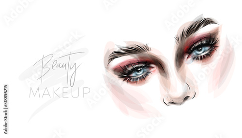 Beautiful woman face makeup vector fashion illustration. Hand drawn line art sketch for cosmetic products sale banner background design, make up artist business card template.