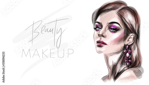 Beautiful woman face makeup vector fashion illustration. Hand drawn line art sketch for cosmetic products sale banner background design, make up artist business card template.