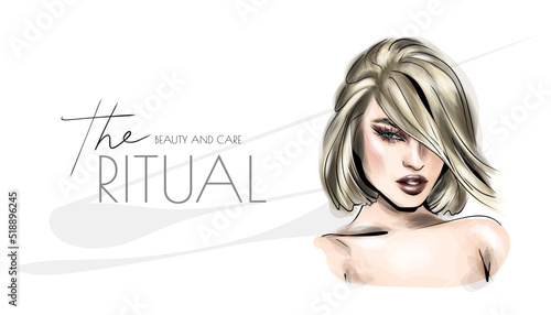 Beautiful woman face makeup vector fashion illustration. Hand drawn line art sketch for cosmetic products sale banner background design, make up artist business card template.