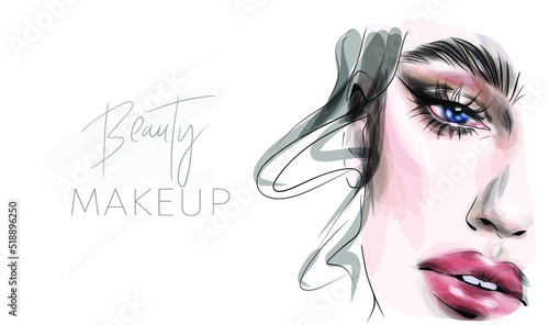 Beautiful woman face makeup vector fashion illustration. Hand drawn line art sketch for cosmetic products sale banner background design, make up artist business card template.