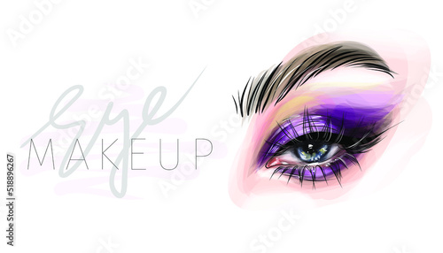 Beautiful woman face makeup vector fashion illustration. Hand drawn line art sketch for cosmetic products sale banner background design, make up artist business card template.