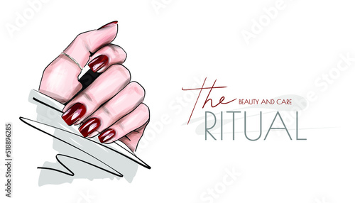 Beautiful female hands with red nails. Nail Design