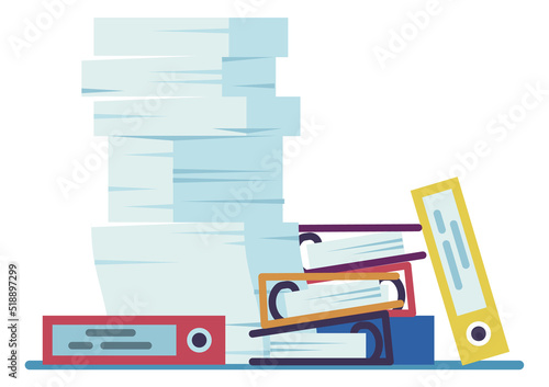 Messy documents pile. Unorganized paper sheets and file binders