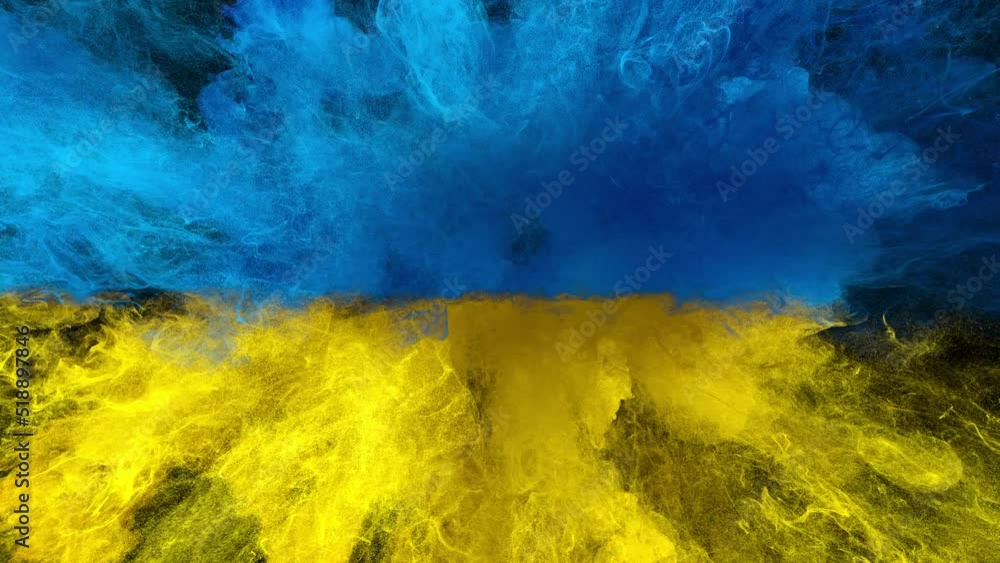 Colorful smoke powder close up explosion. Coloured yellow blue closeup fluid ink particles forming a Ukraine flag in slow motion. Isolated on black background. Alpha matte 4k.