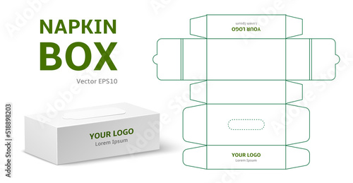 Tissue box mock up. Packaging scan template, realistic napkins container, white cardboard box with paper handkerchiefs. Hygiene accessory package mockup, utter vector concept