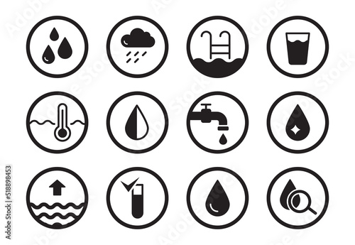 Water drop pictogram icon set. Eco, recycle water, sea care icon. Solid black shape symbol. Vector illustration.