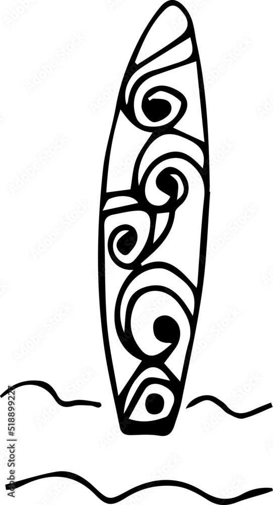 Simple surfboard illustration. Handdrawn doodles illustration. Line