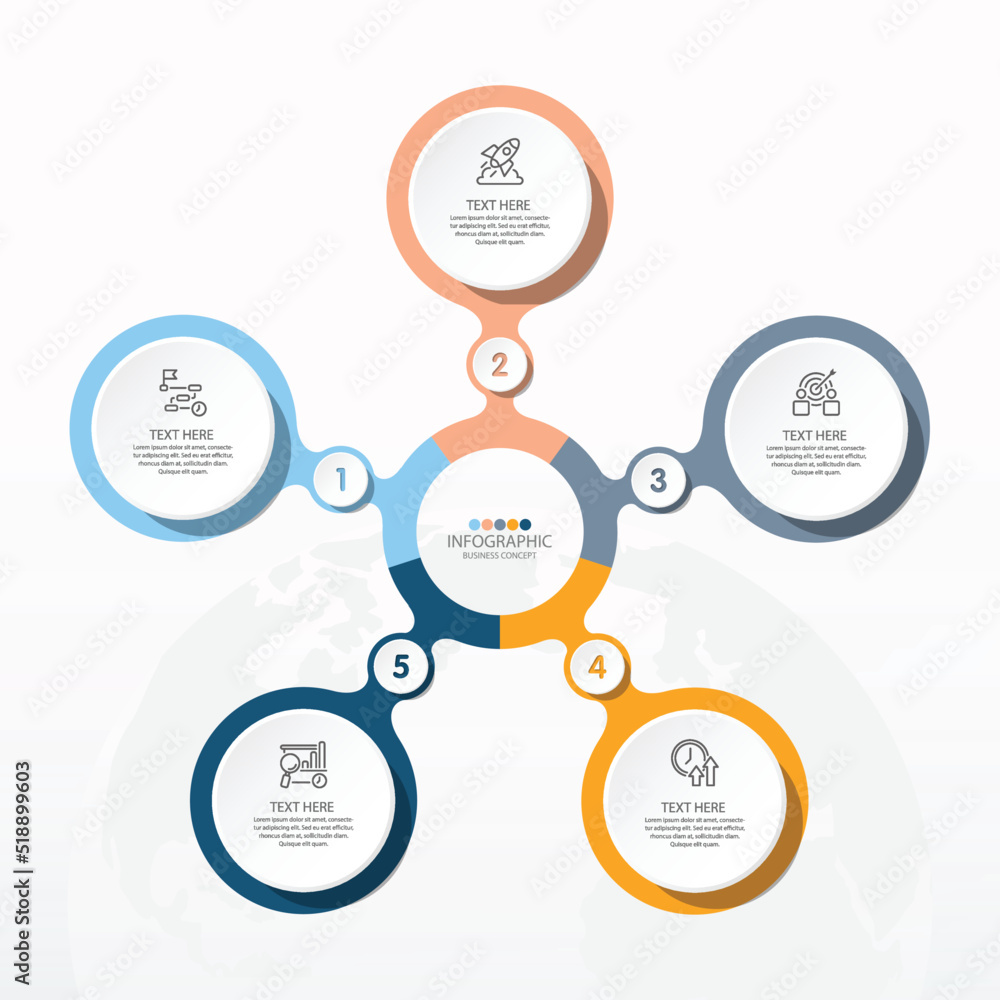 Basic circle infographic template with 5 steps, process or options, process chart, Used for process diagram, presentations, workflow layout, flow chart, infograph. Vector eps10 illustration. Basic circle infographic template with 5 steps, process or options, process chart, Used for process diagram, presentations, workflow layout, flow chart, infograph. Vector eps10 illustration.