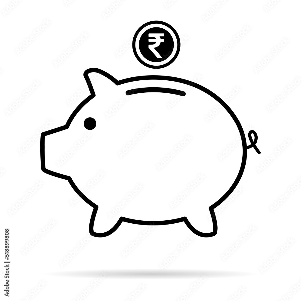 Piggy bank flat icon, sign vector with rupee web symbol. Money income, economic graphic button Piggy bank flat icon, sign vector with rupee web symbol. Money income, economic graphic button
