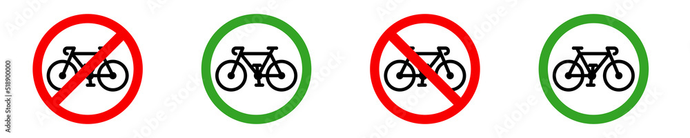 No Bicycle sign and bike zone. Signboard for bicyclist. Red forbidden or prohibited and green allowed signs for cyclist. Vector set. No Bicycle sign and bike zone. Signboard for bicyclist. Red forbidden or prohibited and green allowed signs for cyclist. Vector set.