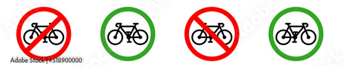 No Bicycle sign and bike zone. Signboard for bicyclist. Red forbidden or prohibited and green allowed signs for cyclist. Vector set.