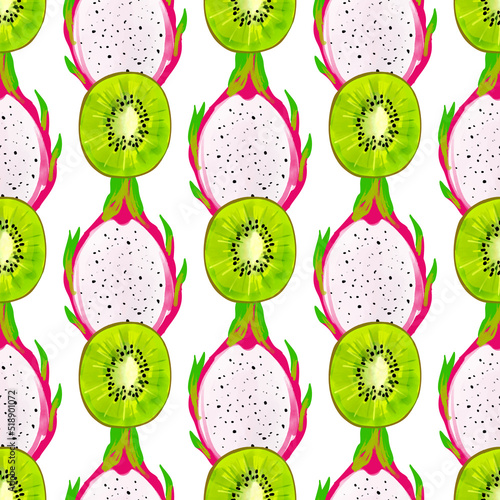 Seamless pattern with iIlustration kiwi and pitahaya on a white background
