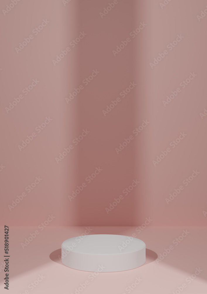Pastel, light red, salmon pink 3D rendering simple, minimal, blank product photography display background with one cylinder podium stand with two lights shining spot light centered and vertical Pastel, light red, salmon pink 3D rendering simple, minimal, blank product photography display background with one cylinder podium stand with two lights shining spot light centered and vertical