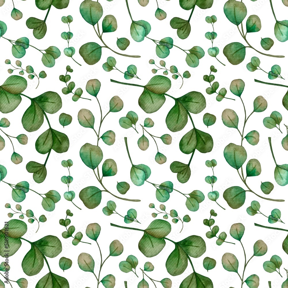 Obraz premium Watercolor seamless pattern with eucalyptus leaves and branches 