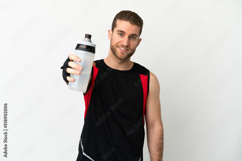 Handsome blonde man over isolated white background with sports water bottle Handsome blonde man over isolated white background with sports water bottle