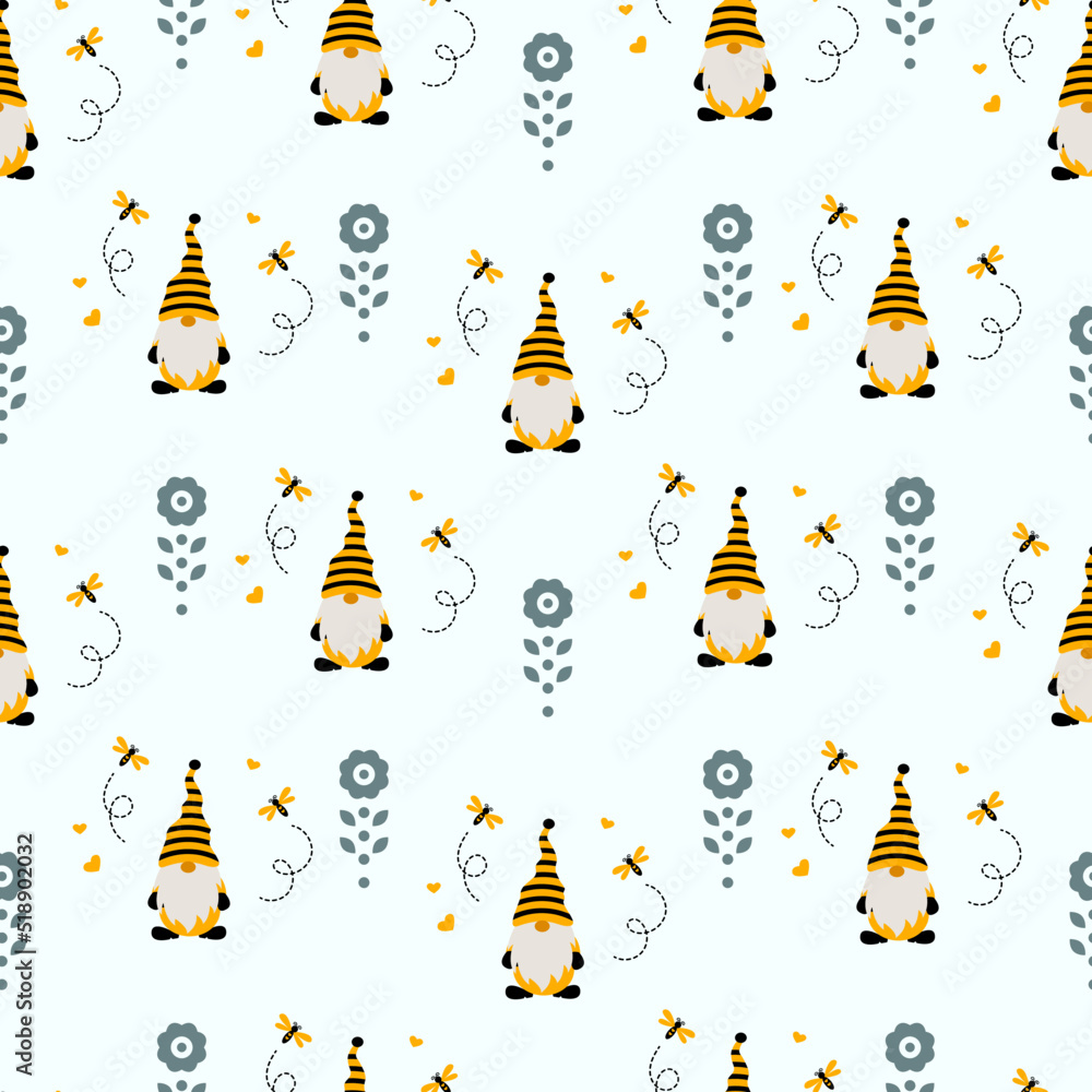 Cute garden gnomes, flowers and bees on white background. Seamless pattern with honey bees for fabric, wrap paper or kids apparel Cute garden gnomes, flowers and bees on white background. Seamless pattern with honey bees for fabric, wrap paper or kids apparel