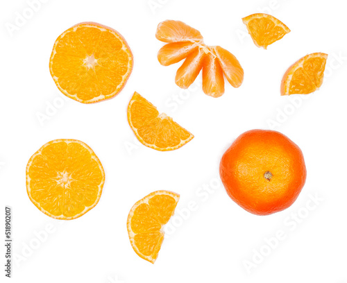 Tangerine slices isolated on white background, top view