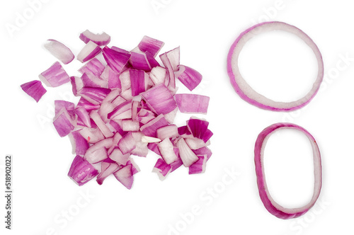 Red onion slices isolated on a white background, top view.