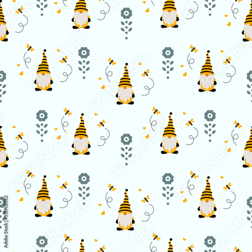 Cute garden gnomes, flowers and bees on white background. Seamless pattern with honey bees for fabric, wrap paper or kids apparel