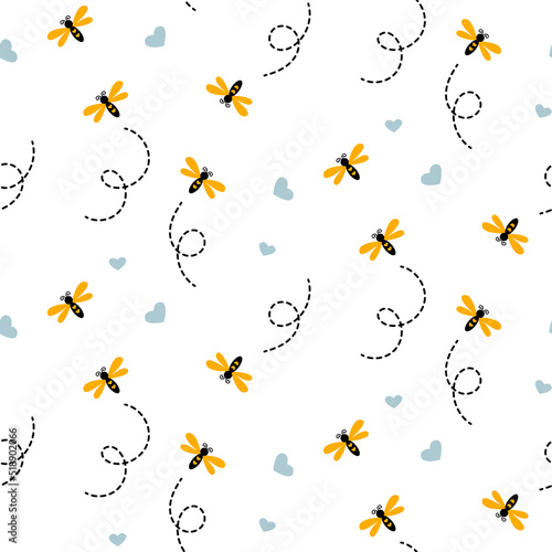 Honey bees on white background. Seamless pattern with honey bees for fabric, wrap paper or kids apparel