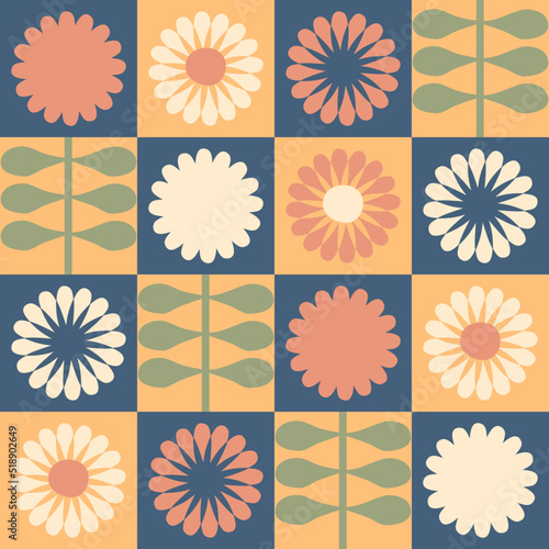 Geometric seamless pattern with daisies in 1980 aesthetic style. Floral checkered print for tee, poster, fabric, textile. Retro vector illustration for decor and design.