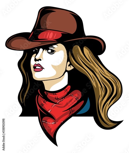 Cowgirl wearing bandana and hat, portrait symbol, isolated on white background. Cowgirl vector illustration.